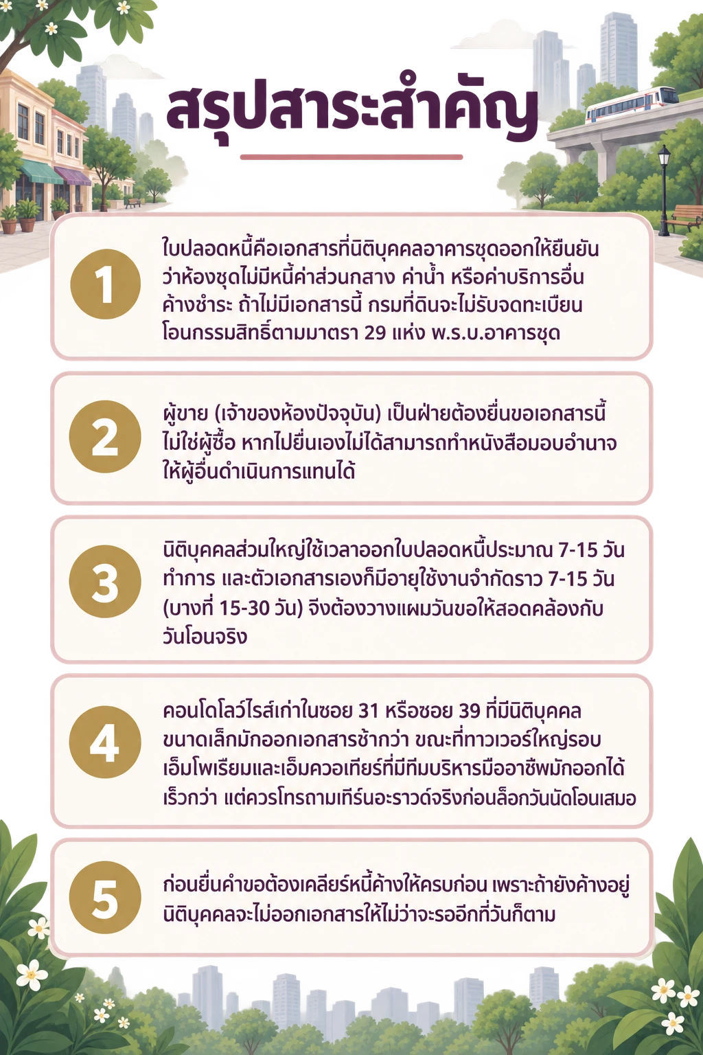 อินโฟกราฟิกสรุปข้อมูล ใบปลอดหนี้ คอนโดพร้อมพงษ์ ขอกี่วันก่อนโอน พร้อมขั้นตอนครบ