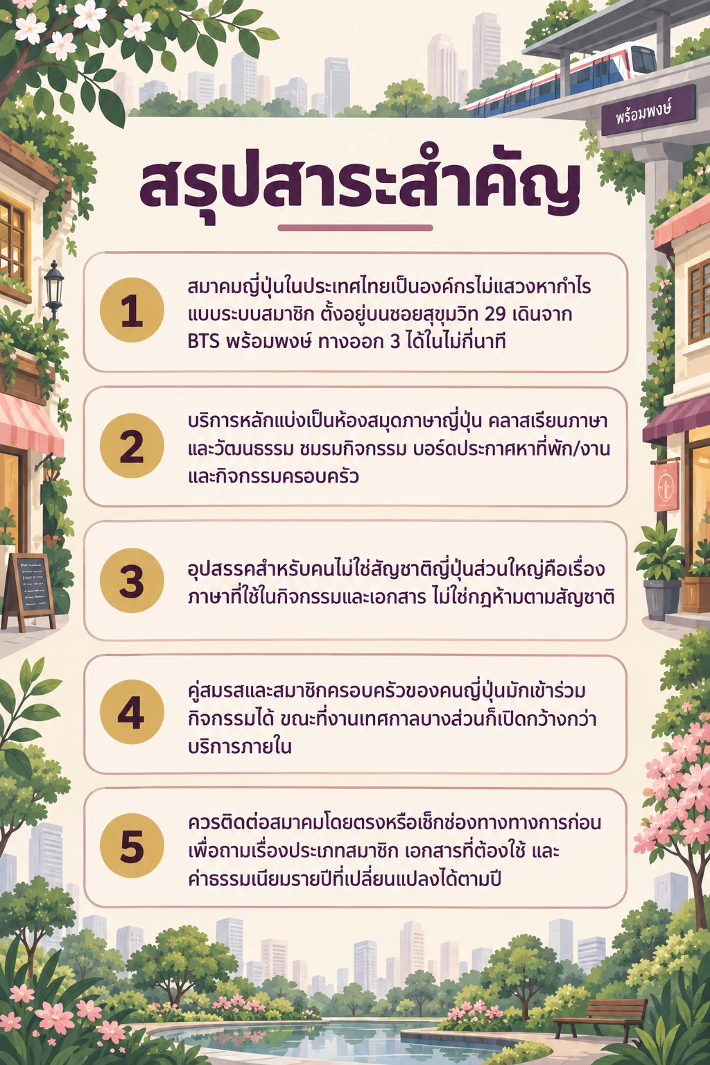 อินโฟกราฟิกสรุปข้อมูล สมาคมญี่ปุ่น พร้อมพงษ์: คู่มือใช้บริการสำหรับคนเพิ่งย้ายมา