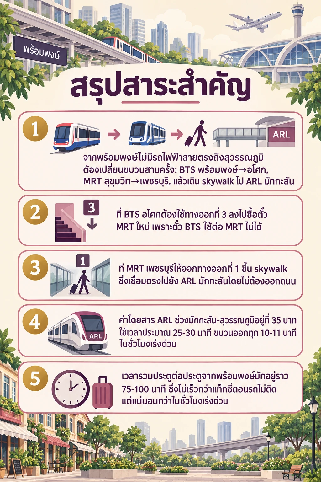 อินโฟกราฟิกสรุปข้อมูล พร้อมพงษ์ ต่อ Airport Rail Link ยังไง ให้ถึงสุวรรณภูมิเร็วสุด