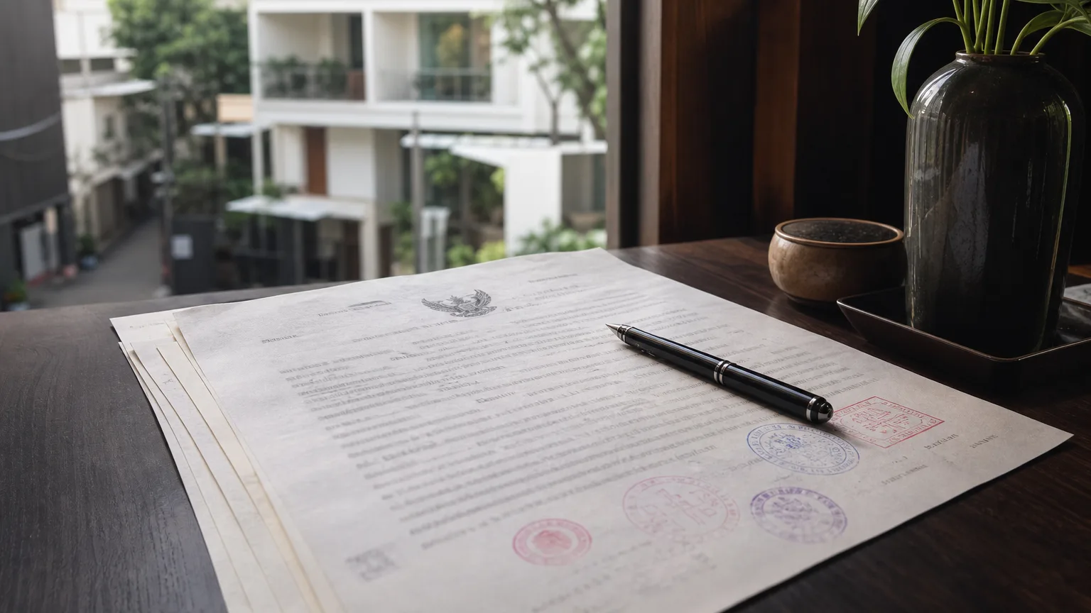 สัญญาเช่า leasehold คอนโดพร้อมพงษ์ 30 ปีวางอยู่บนโต๊ะพร้อมปากกาและตราประทับสำนักงานที่ดิน