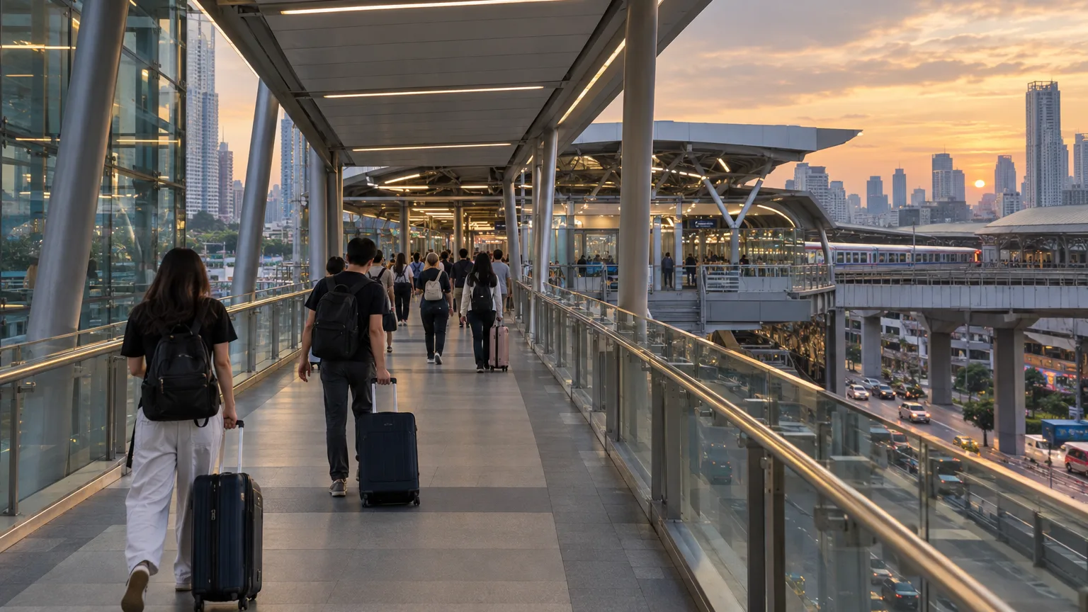 ทางเดิน skywalk เชื่อมต่อสถานี MRT เพชรบุรีไปยัง Airport Rail Link มักกะสัน เส้นทางพร้อมพงษ์ ต่อ Airport Rail Link ไปสุวรรณภูมิ